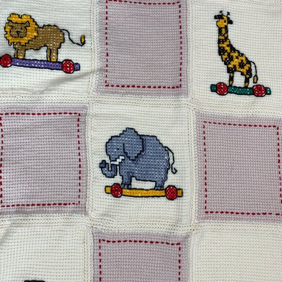 Nursery Crib Blanket Cross Stitch Animal Safari Circus Zoo 40x48 Baby Blanket - Picture 3 of 11